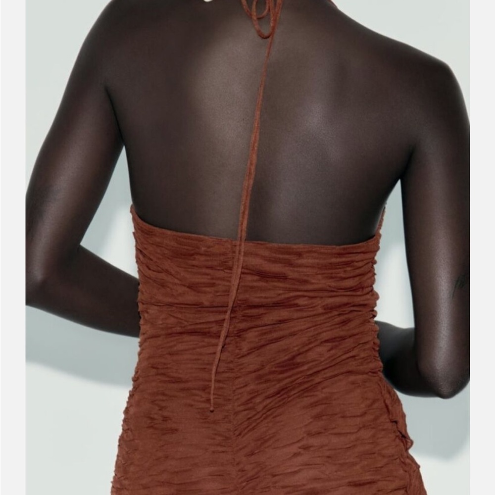 Zara Brown Ruffle Pleated Halter Mini Dress - Picture 5 of 9